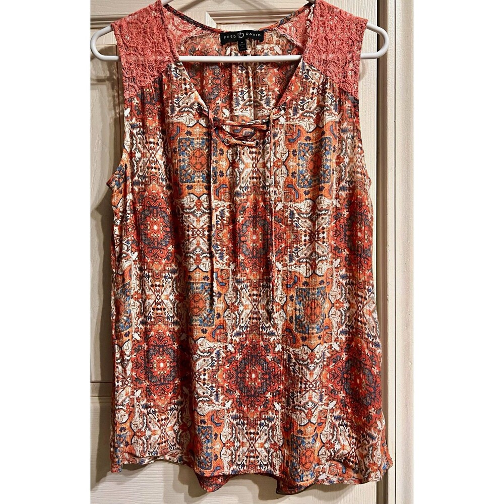 Fred David XL Coral Blue Boho Medallion Print Lace Yoke Tie Lace-Up Blouse EUC